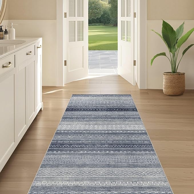 Nakagishi Area Rug Living Room Rugs: 3X8 Machine Washable Boho Large Neutral Farmhouse Stain Resistant Moroccan Indoor Floor Carpet for Bedroom Nursery Dorm Dining Room Home-Denim Blue