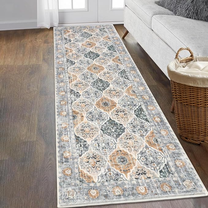 HEBE Hallway Runner Rug 2'8"x8' Washable Vintage Distressed Area Rugs Non Slip Laundry Rug Runner Boho Floor Carpet Runners for Hallways Entryway Laundry Room Kitchen Bathroom