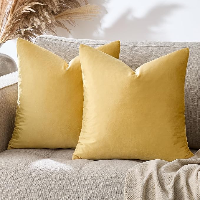 GIGIZAZA Decorative Throw Pillow Covers 16x16,Set of 2 Yellow Square Couch Pillow Covers,Velvet Sofa Boho Cushion Pillows