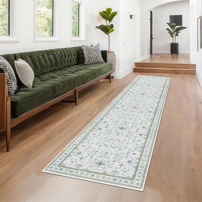 Hazo Haus Oushak 3x10 Wide Hallway Runner Rug - Vintage Turkish Floral, Washable Low Pile Non Slip 10ft Long Runners for Kitchen, Hall Way - Light Blue and Green