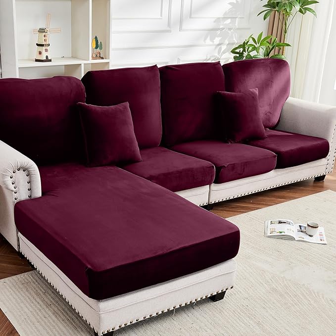 Couch Cover 8-Piece Elastic Velvet Couch Cushion Covers & Chaise Slipcovers for L-Shaped Sofas, Sofa Seat Covers Washable, Soft Cover for Couches (7 Seater + Chaise, Wine)
