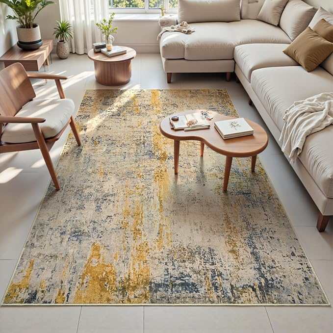 Area Rug 4x6 Beige Rug Washable Boho Rugs Non Slip Low Pile Abstract Small Carpet for Entryway, Bedroom, Kitchen, Classroom, Kids Room, Office, Dorm, Dining Room Light Tan
