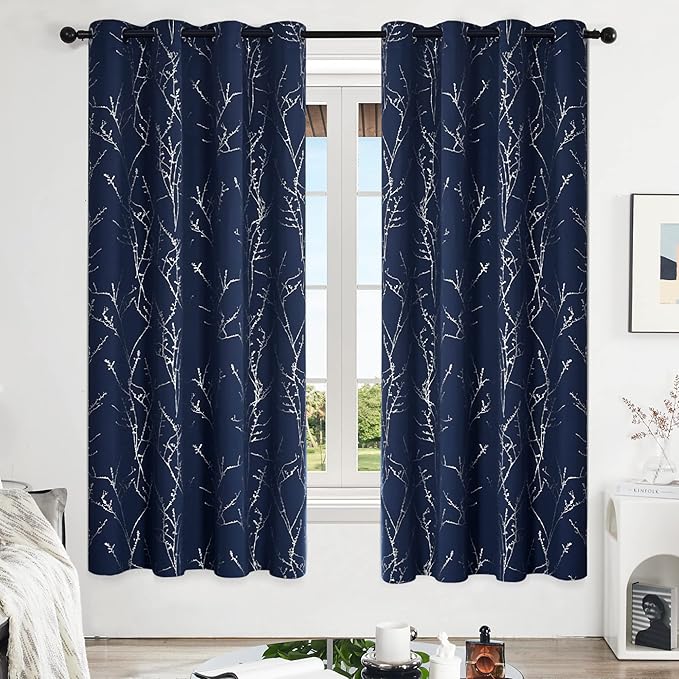Deconovo Blackout Curtains, Navy Blue Curtain, Thermal Insulated Soundproof Drapes, Branch Silver Print, 52 x 72 Inch Long, Machine Washable Grommet Panels for Bedroom Living Room Office, Set of 2