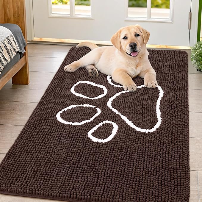 Smiry Dog Door Mat for Muddy Paws, Absorbent Dirt Trapper Non Slip Quick Dry Washable Chenille Mat for Mud Dogs, Entry Rug for Indoor and Outdoor (44x32 Inches, Brown and White)