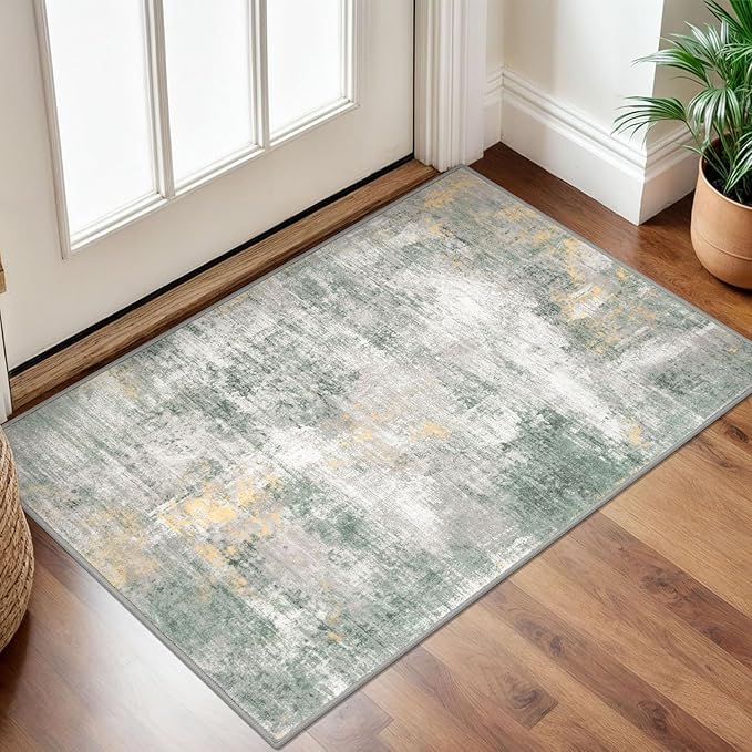 IOHOUZE Small Abstract Area Rug 2x3 Ft Entryway Rugs Washable Door Mat Indoor Entrance, Printed Faux Wool Non Slip Floor Carpet for Foyer Front Door Sink, Light Green/Gray/Orange