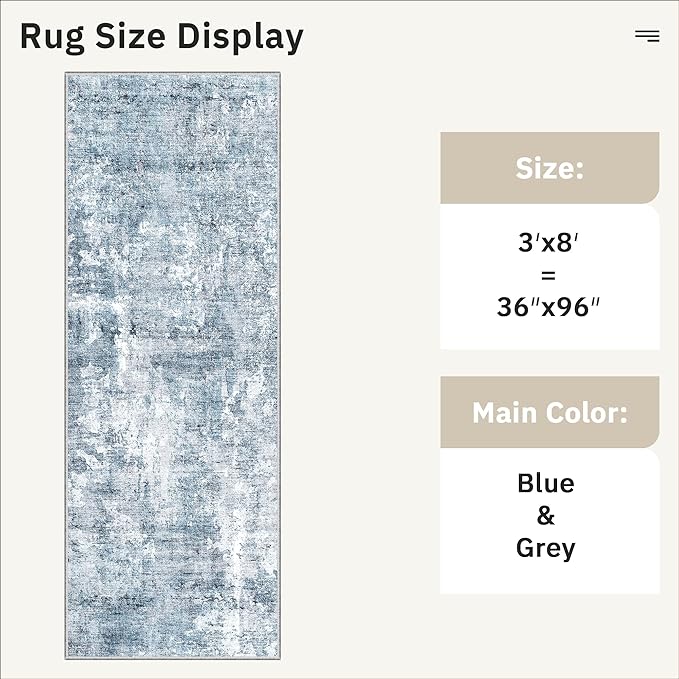 Runner Rug 3x8 Washable Non-Slip Hallway Runner Rugs for Kitchen Bathroom Laundry Room Blue/Grey Vintage Floor Carpet Runners for Hallways Entryway