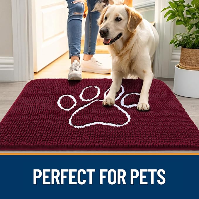 OLANLY Dog Door Mat for Muddy Paws 70x46, Paw Print Design, Absorbs Moisture and Dirt, Absorbent Non-Slip Washable Doormat, Quick Dry Chenille Mud Mat for Dogs, Entry Indoor Entryway Carpet, Burgundy