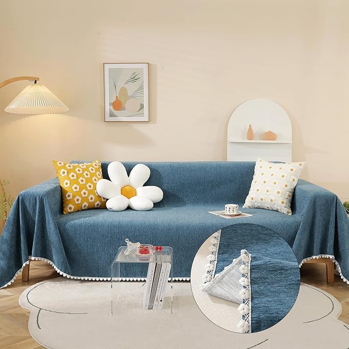 HANDONTIME Navy Blue Sectional Couch Covers, 3 Cushion Couch Chenille Cover with Lace Pattern for Dogs Kids, Fitted, Easy, 71" x 134"