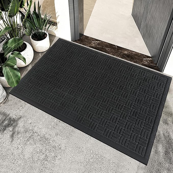 Mibao Front Door Mat Indoor Outdoor Entrance, Dirt Trapping Waterproof All-Season, All-Weather Doormat, Non-Slip Durable Natural Rubber Low Profile Easy Clean Patio Entrance Mat, 36" x 24", Black