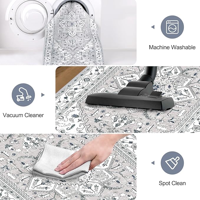 Yamaziot Washable Runner Rug, 2x8 Non-Slip Boho Vintage Hallway Rug with Rubber Backing, Low Pile Faux Wool Distressed Carpet Runner for Bedroom, Kitchen, Laundry, Entrance