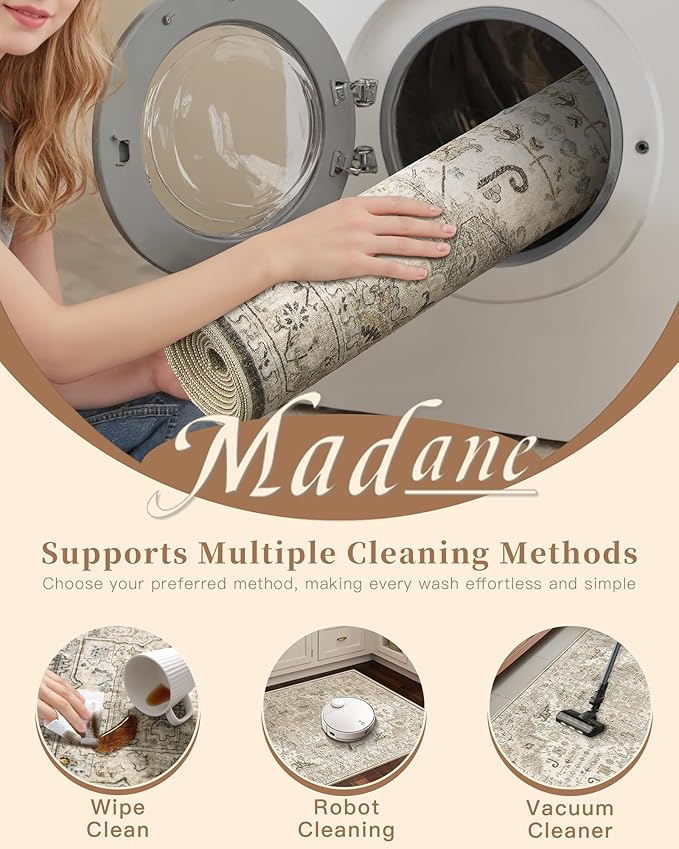 Madane Hallway Runner Rug 2'6''x12' Kitchen Runner, Non Slip Vintage Runners for Hallways Washable Kitchen Rugs Soft Low Pile 2.5x12 ft Rug Runner for Laundry Room, Entryway and Bedroom, Ivory/Brown