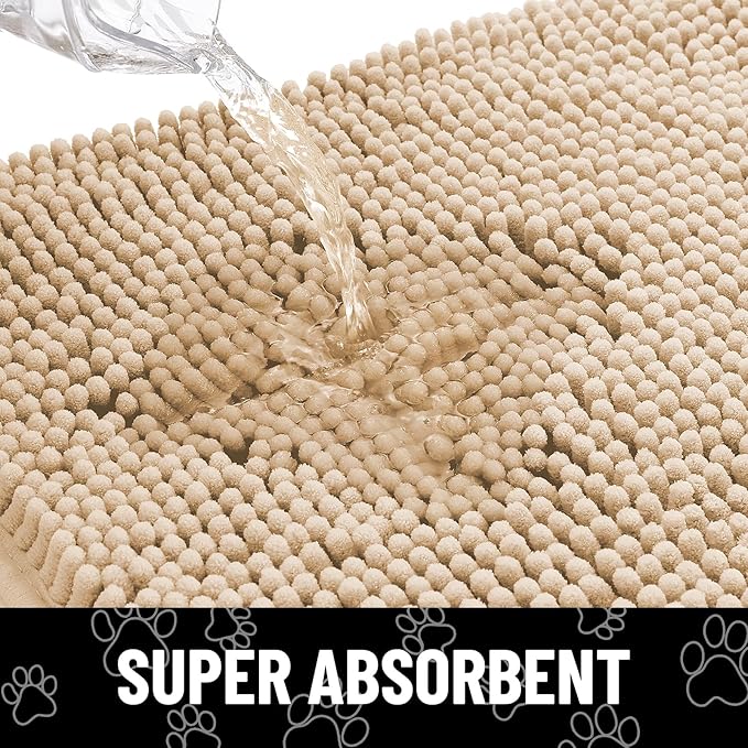 Smiry Dog Door Mat for Muddy Paws, Absorbent Dirt Trapper Non Slip Quick Dry Washable Chenille Mat for Mud Dogs, Entry Rug for Indoor and Outdoor (30x20 Inches, Beige and Black)