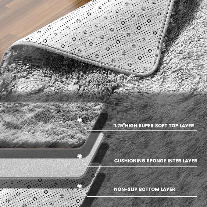 Large Shag Rugs 9X12, Plush Fuzzy Area Rugs for Living Room, Large Shag Fluffy Bedroom Carpet, Furry Rugs for Girls Boys Kids Room, Extra Large Fuzzy Rug, Shag Carpet, Tie-Dyed Light Grey