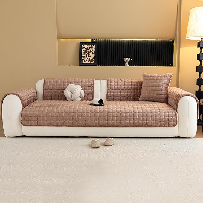 Velvet Couch Cover, Plush Sectional Sofa Cover Washable, Anti Slip Sofa Slipcover for Armrest & Backrest, Furniture Protector Covers for Pets & Kids(1PC, Dark Brown, 35.4"×35.4")