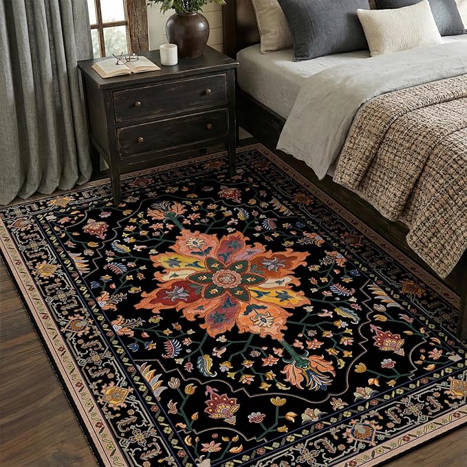 Area Rugs 5'x8' Washable Non-Slip, Floral Vintage Distress Print Pattern Medallion Carpet for Living Room Bedroom Dining Room, Black Colorful Floral Dark Tan
