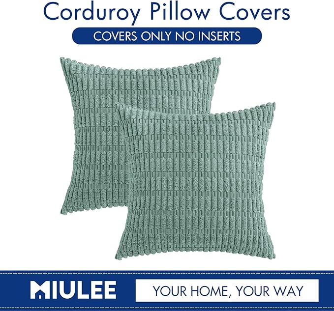 MIULEE Pack of 2 Corduroy Decorative Throw Pillow Covers 18x18 Inch Soft Boho Striped Pillow Covers Modern Farmhouse Home Decor for Summer Sofa Living Room Couch Bed Teal Green