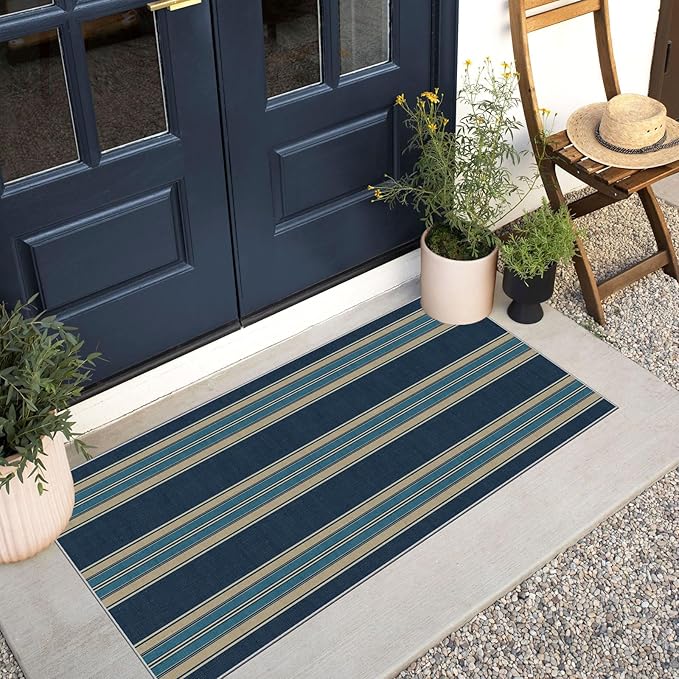 Front Door Mat Indoor Entrance - 2x4.3 Ft Striped Washable Welcome Layered Doormat Outdoor Entrance Porch Rug Non-Slip Navy Blue Coastal Runner Rug for Kitchen Bedroom Laundry Room Porch Decor