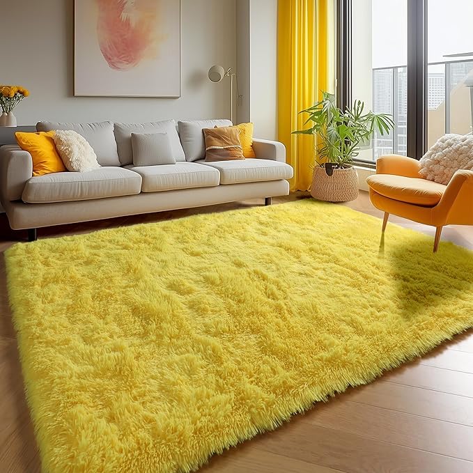 ONASAR Yellow Rugs for Living Room Bedroom, 5x8 Fluffy Bedside Area Rug, Soft Plush Shaggy Indoor Floor Carpet for Nursery Kids Girls Boys Teen Dorm Home Office Decor Aesthetic