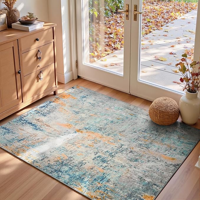 Entryway Rug 3x5 Blue Bedroom Area Rug Washable Non Slip Abstract Boho Rugs for Indoor Entry, Kitchen, Classroom, Bathroom, Kids Girls Room, Office, College Dorm Small Carpet