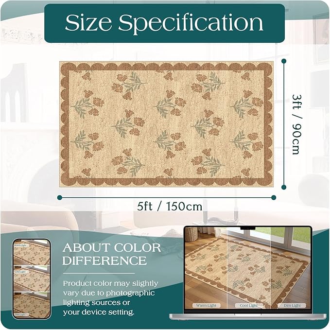 3x5 Floral Entry Rug - Small Washable Indoor Outdoor Mats for Front Door Non-Slip Jute-Look Porch Rug Boho Tan Scalloped Throw Rugs for Living Room Bedroom Entryway Kitchen Office Porch Decor