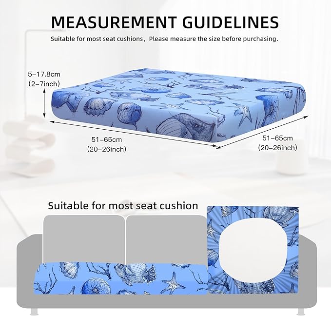 8Pcs Outdoor Cushion Covers, Patio Cushion Covers,Stretch Elastic Slipcovers, Replacement Washable & Reusable Furniture Protector for Patio Couch (Shells & Fish,Cover Only)