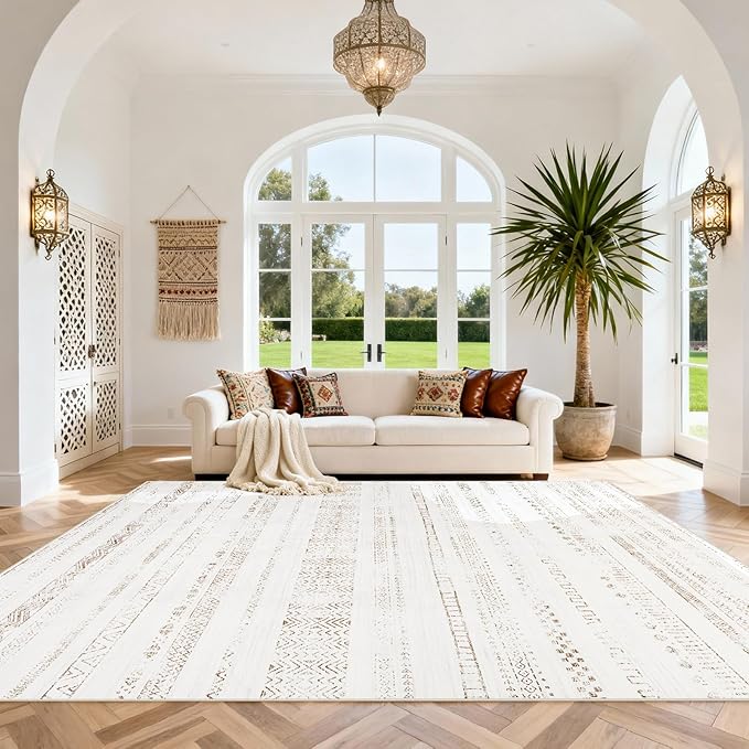 Moroccan Washable Rugs 8x10 Area Rugs for Living Room,Bedroom,Dining Room- Large Ultra Soft Faux Wool Retro Carpet,Non Slip&Non-Shedding Low Pile Vintage Print Rug-(Light Brown-White)