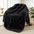 Exclusivo Mezcla Fleece Throw Blanket for Couch, Super Soft Striped Jacquard Bed Blanket, Lightweight Fuzzy Cozy for All Seasons, 50x60 Inches, Black
