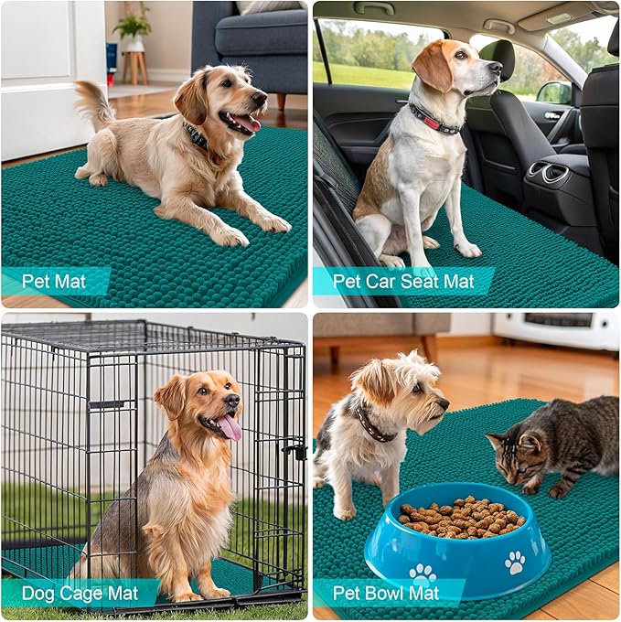OLANLY Dog Door Mat for Muddy Paws 44x32, Absorbs Moisture and Dirt, Absorbent Non-Slip Washable Doormat, Quick Dry Chenille Mud Mat for Dogs, Entry Indoor Entryway Carpet for Inside Floor, Lake Blue