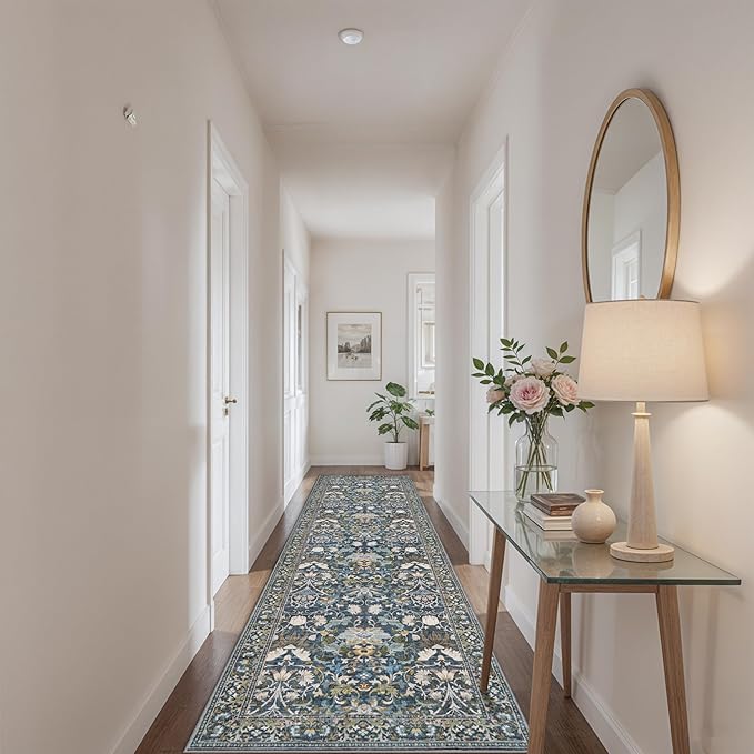 Hallway 3x10 Washable Runner Rug: Kitchen Rugs Entryway Area Rugs Vintage Soft Floor Mat Non Slip Indoor Farmhouse Carpet for Bathroom Living Room Bedroom Printed Rug for Family(3x10 Floral/Blue)