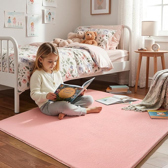 Amearea 4x4 Square Area Rugs for Bedroom Living Room, Modern Pink Thickened Memory Foam Rug, Fluffy Indoor Washable Rug Non Slip Minimalist Carpet for Entryway Kids Boys Girls Dorm Nursery Room Decor
