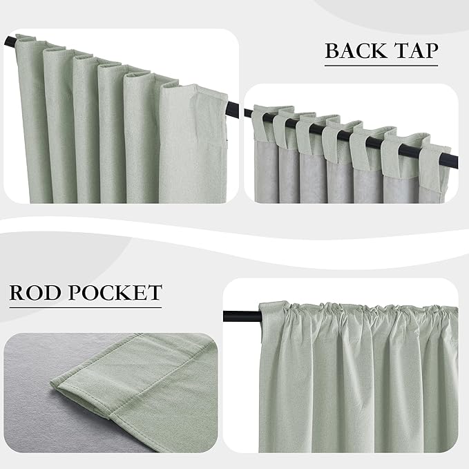 RYB HOME Light Green Curtains 100% Blackout, Linen Window Treatment Panels Thermal Insulated, Privacy Drapes for Living Room/Bedroom/Nursery, Rod Pocket & Back Tab, 2 Panels, W52xL84
