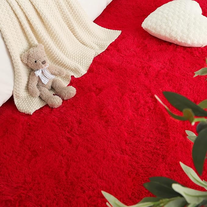 LOCHAS Ultra Soft Indoor Modern Area Rugs Fluffy Living Room Carpets for Children Bedroom Home Decor Nursery Rug 4x5.3 Feet,Red