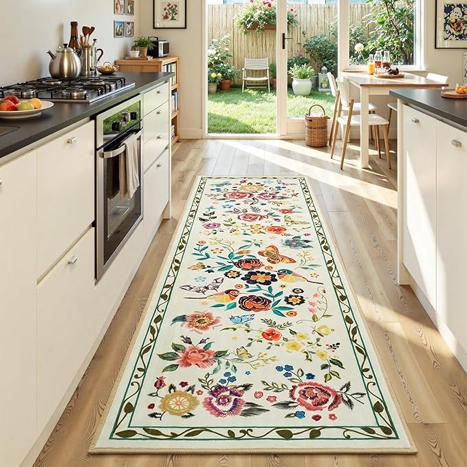 Rugflix 2x6 Runner Rug for Hallway, Washable Kitchen Runner Non Slip, Soft Low Pile Entryway Carpet, Vintage Floral Stain Resistant Long Laundry Room Rugs for Bedroom, Stairs, Beige Yellow
