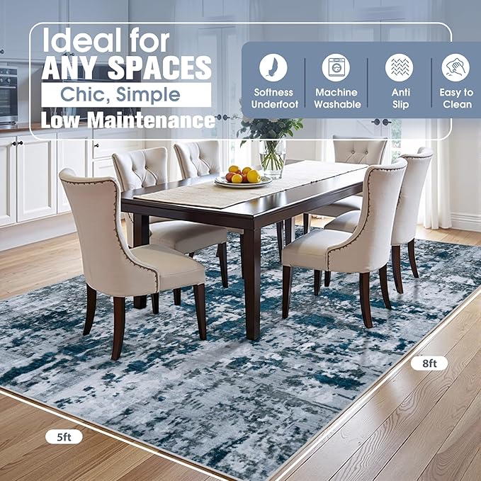 5x8 Area Rugs for Living Room Rug Washable: Abstract Rug for Dining Room Bedroom Carpet Non Slip 5 by 8 Indoor Modern Nursery Home Office Navy Grey