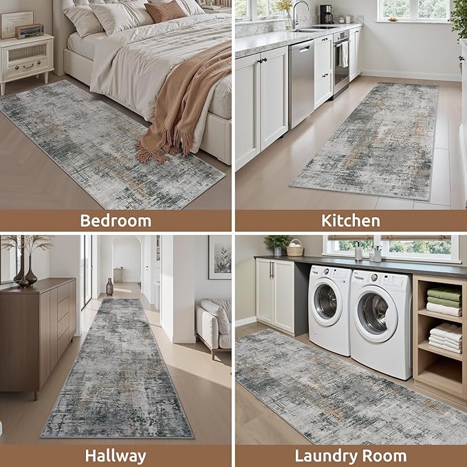 AMOAMI 2 x 10 Hallway Runner Rug Non Slip Super Soft Long Runner Rugs Machine Washable Low Pile Modern Abstract Runners for Hallways for Bedroom Laundry Room Kitchen, Grey