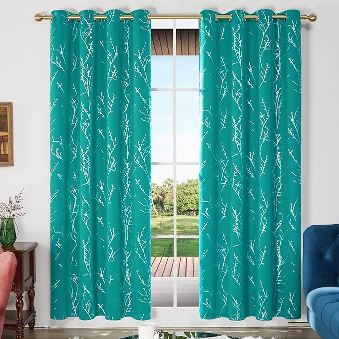 Deconovo Blackout Curtains, Thermal Insulated Soundproof Drapes with Tree Foil Print, 52 x 108 Inch, Set of 2, Machine Washable Window Curtain for Bedroom Living Room Nursery Kitchen Office, Turquoise