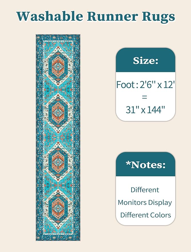 SERISSA Runner Rug for Hallways, 2'6"x12' Washable Non Slip Kitchen Runner Rug, Extra Long Boho Rug Ultra Soft Vintage Blue Print Floor Carpet for Bedroom Hallway Entryway Bathroom Laundry Room