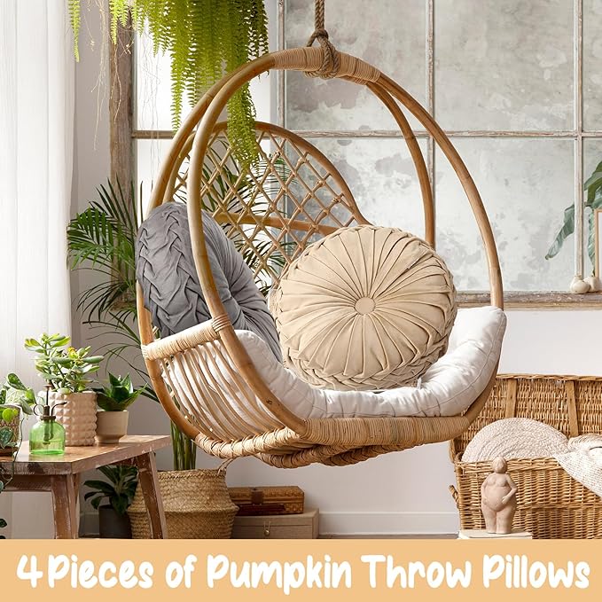 Kathfly Set of 4 Decorative Round Pleated Throw Pillows, Classy Velvet Pumpkin Round Throw Pillows, Decorative Floor Pillow for Bed Chair Home Sofa Decor, 14" Diameter(Multicolor)