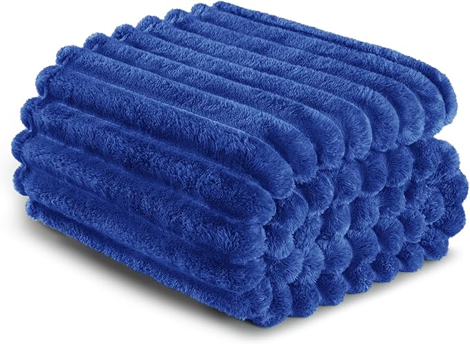 Exclusivo Mezcla King Size Flannel Fleece Blanket, Super Soft Striped Jacquard Bed Blanket, Lightweight Fuzzy Cozy for All Seasons, 90x104 Inches, Cobalt Blue