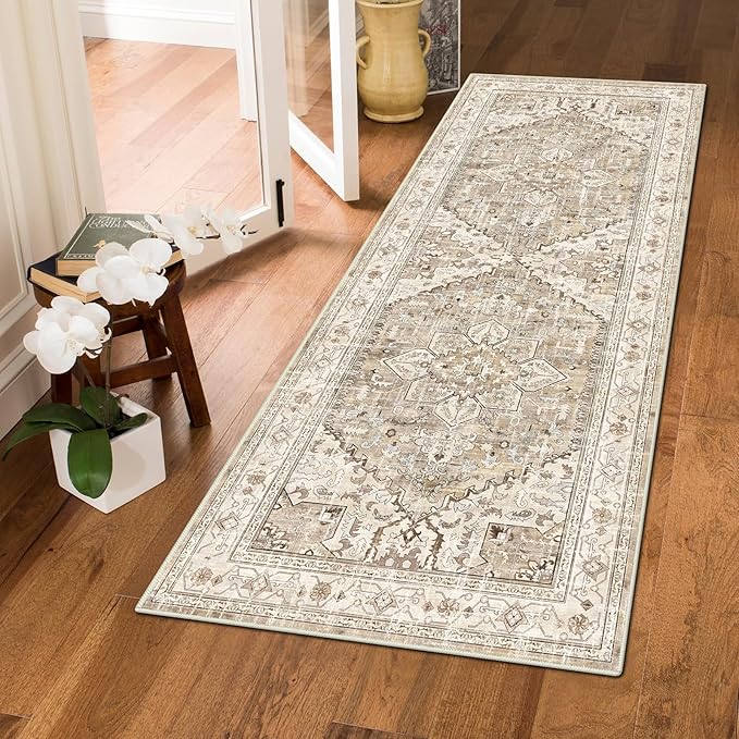Yamaziot Washable Runner Rug, 2x5 Non-Slip Boho Vintage Hallway Rug Runner with Rubber Backing, Stain Resistant Faux Wool Distressed Carpet Runner for Kitchen, Laundry, Entrance, Beige Brown