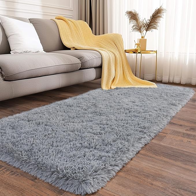 Soft Runner Rugs for Bedroom Hallways, 2 Packs 2x6 Grey Fluffy Shag Throw Area Rug Non Slip for Bedside Dorm, Long Shaggy Furry Carpet for Nursery Living Room