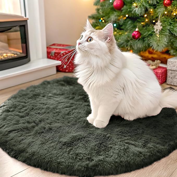 OLANLY Olive Green Round Rugs for Bedroom - Machine Washable, 2 ft Circle Area Rugs for Living Room, Soft and Fluffy Shaggy Carpet for Teen Girl and Boys, Nursery Rooms, Dorms, Home Decor Aesthetic