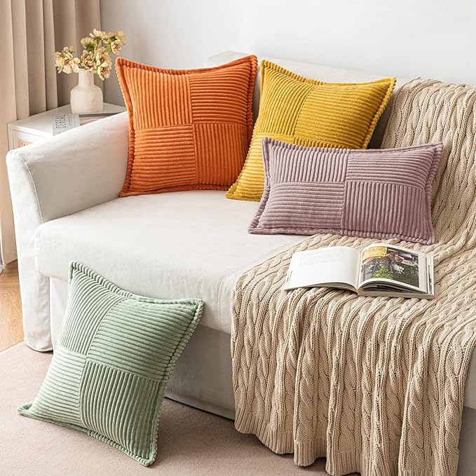 MIULEE Spring Decorative Throw Pillow Covers for Couch Bed Livingroom 18x18 Inch Set of 2 Blush Pink Boho Accent Throw Pllows Broadside Striped Patchwork Soft Corduroy Pillowcases Valentine Decor