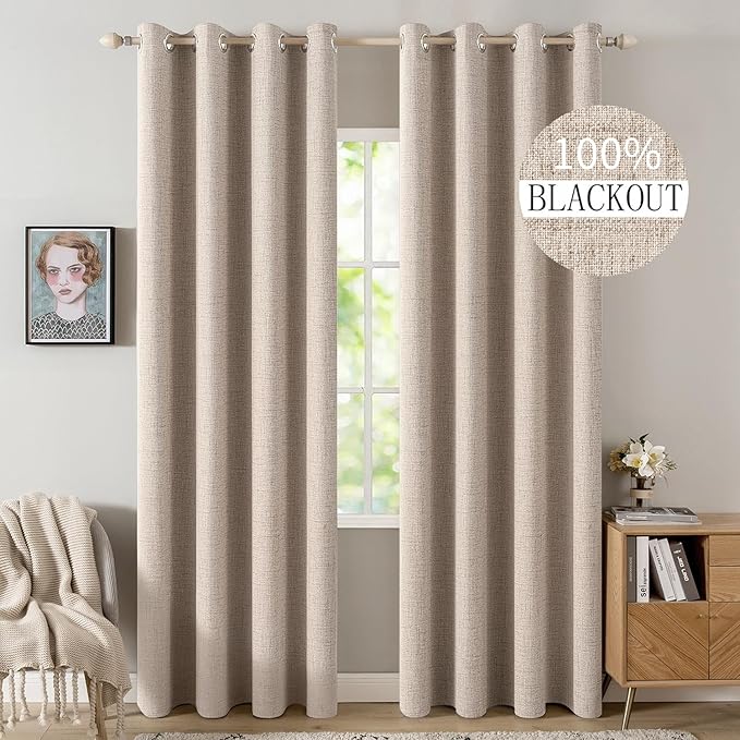 MIULEE 100% Blackout Linen Textured Curtains for Bedroom Solid Thermal Insulated Natural Beige Grommet Room Darkening Curtains & Drapes Luxury Decor for Living Room Nursery 52 x 98 Inch (2 Panels)