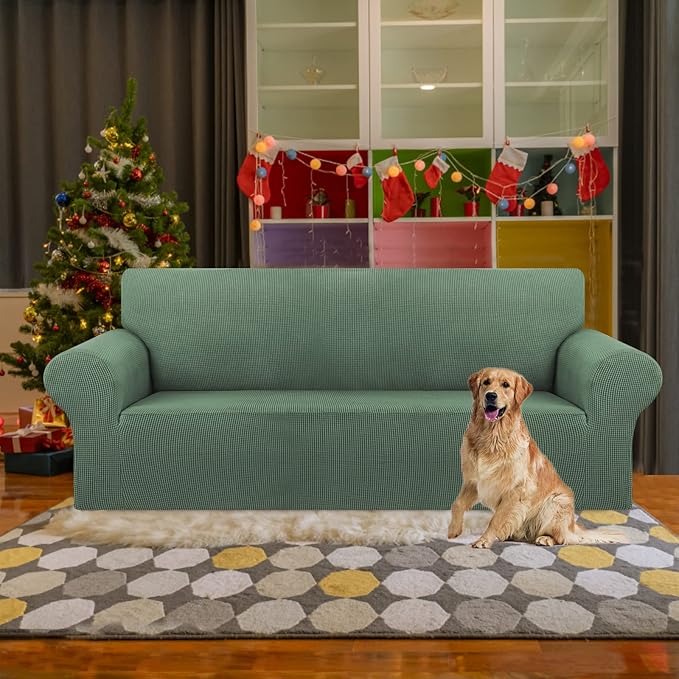 KEKUOU Stretch Sofa Cover Slipcover ，Couch Covers for 3 cushion couch sofa pet friendly (78"-94") Furniture Protector Sofa with Elastic Bottom for Kids,Dog, Jacquard Small Checked(Large,Greyish Green)
