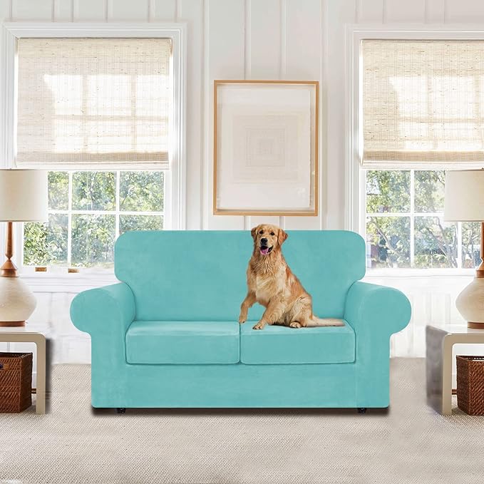WEERRW Velvet Couch Covers for 2 Cushion Couch Sofa - High Stretch Luxury Velvet Plush 3 Pieces Sofa Slipcovers with Elastic Bottom, Furniture Protector for Pets, Machine Washable, Aqua, Medium