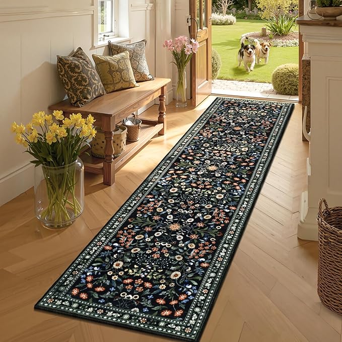 Yamaziot Washable Runner Rug 2x8 – Boho Non Slip Floral Hallway Runner Rug with Rubber Backing, Low Pile Distressed Carpet for Kitchen, Laundry, Bedroom, Entrance, Colorful Black
