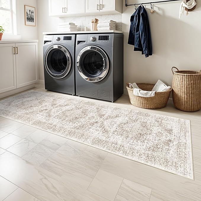 Washable 2'6''x8' Runner Rug - Non-Slip Vintage Runner Rug for Entryway Low-Pile Medallion Long Rugs for Hallway Waterproof Traditional Indoor Thin Rug for Kitchen (Cream/Beige)