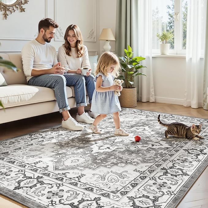 Lofus 8x10 Area Rugs for Living Room, Washable Area Rug, Rugs for Bedroom, Kitchen, Vintage Boho Carpet, Soft Non-Slip, Low Pile Large Area Rug for Office Dining Room, Floral Grey