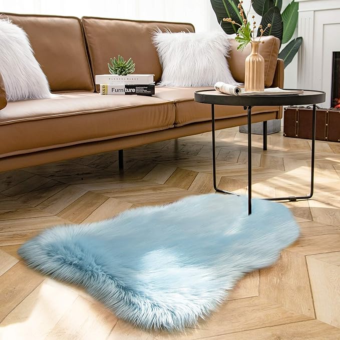 Ashler faux fur rug, Fluffy Shaggy Area Rug Ultra Soft 2 x 3 Feet Sheepskin Fur Rug, Light Blue Fuzzy Rug Machine Washable Shag Rug, Nursery Decor Throw Rugs for Bedroom, kids room, Living Room